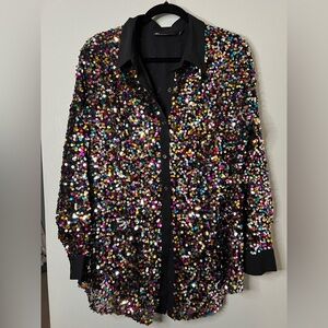 New York & Company Black Multi-Sequin Button-Up Shirt
